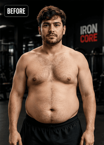 A side-by-side fitness transformation photo of a man, showing a noticeable reduction in body fat and significant muscle definition in the after photo.