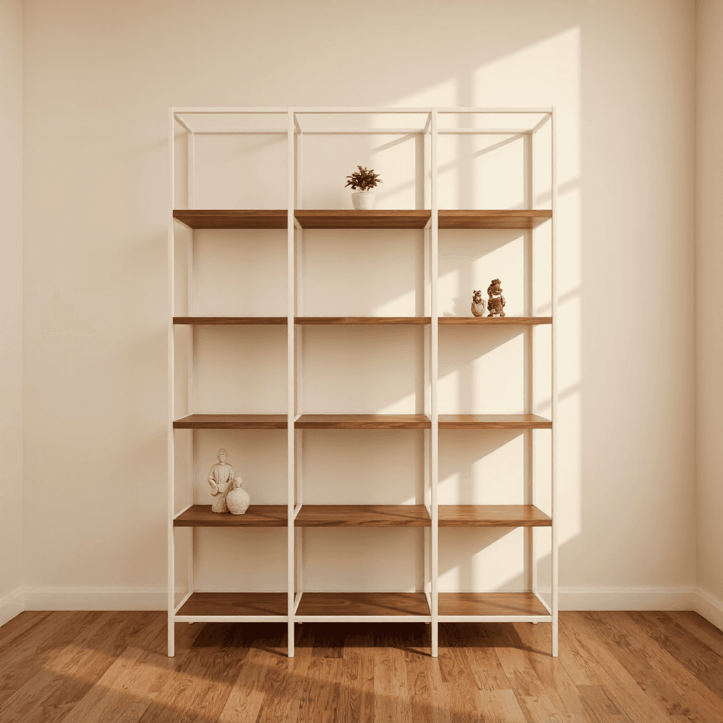 product photography of a decorative shelving unit for storage and display