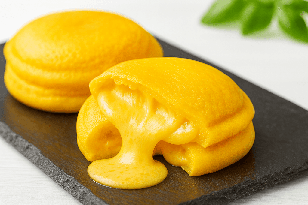 Two bright yellow steamed buns, one oozing creamy yellow egg product filling onto a dark slate board.