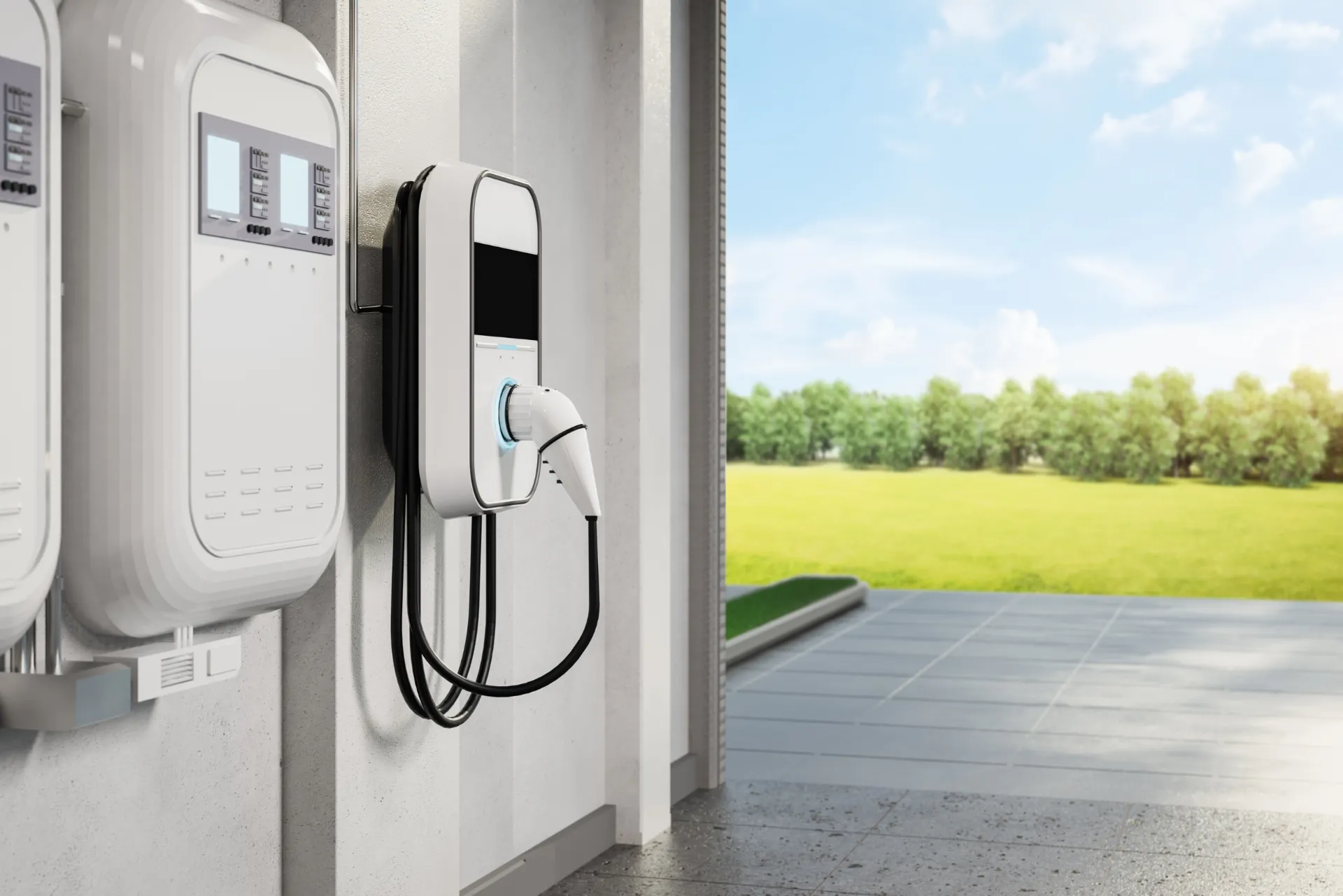 Eine Wallbox an einer Garagenwand montiert.