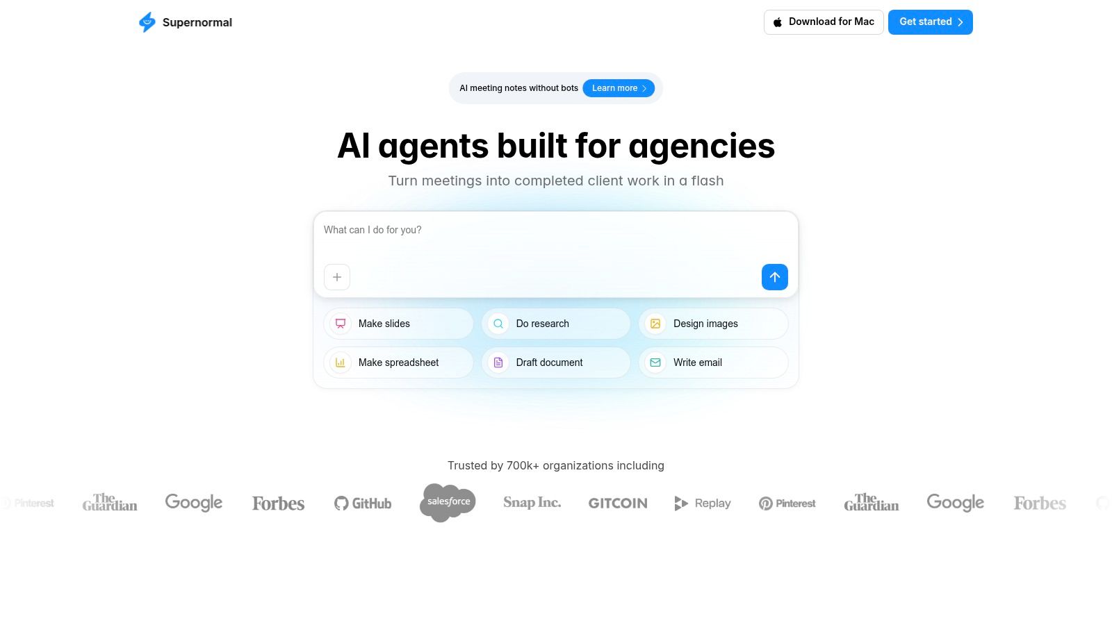 Interface de l'assistant de réunion IA Supernormal