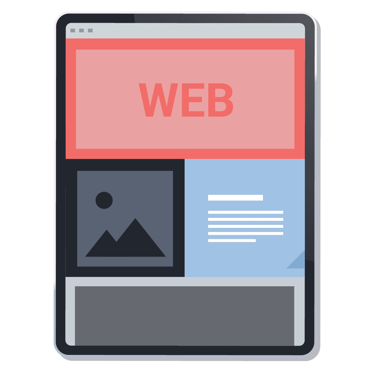 Illustration of a tablet screen displaying a stylized web page layout. The top section is labeled “WEB,” with placeholder areas for an image, text, and content blocks below.