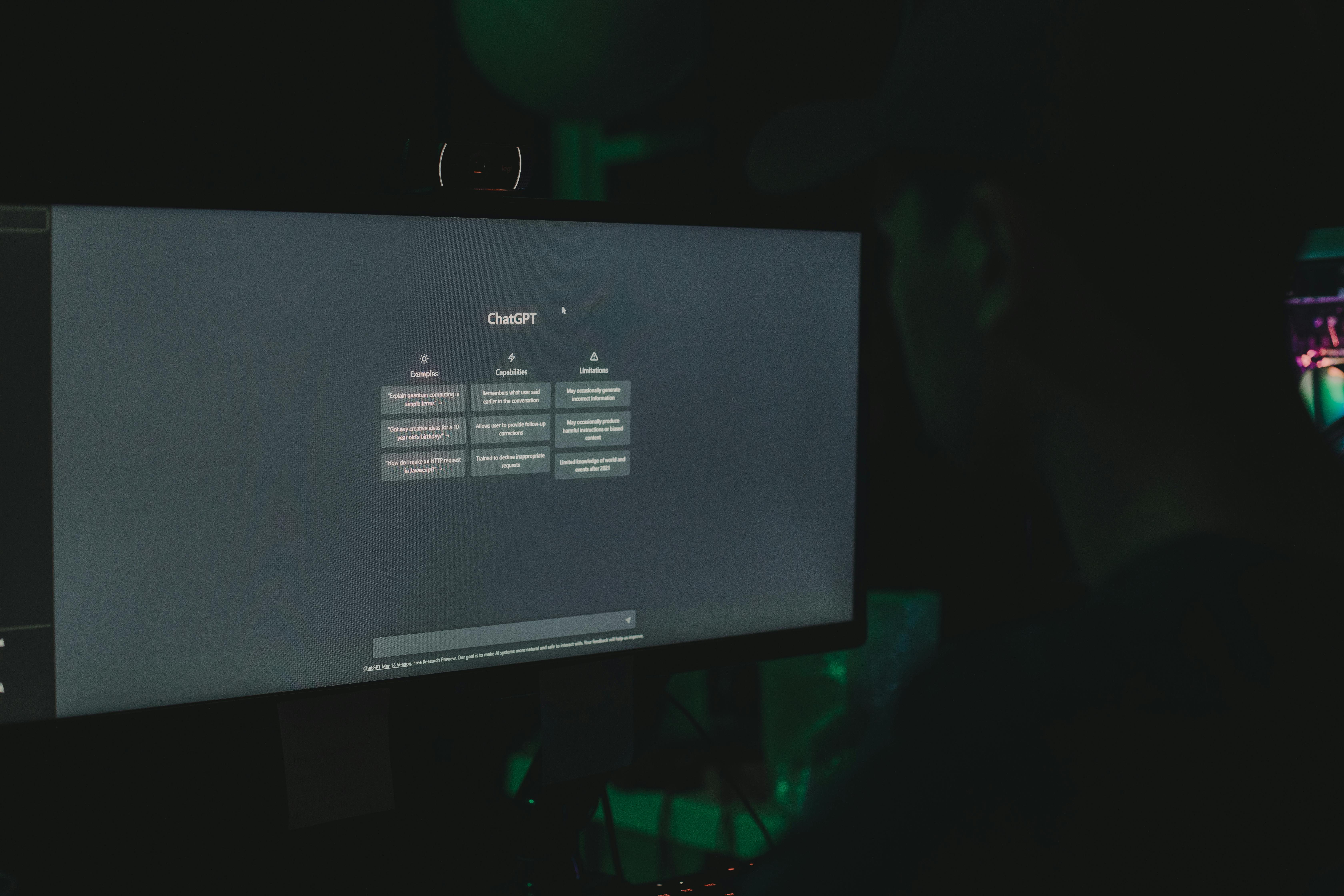 ChatGPT interface on computer screen displaying examples, capabilities, and limitations demonstrating AI in education applications