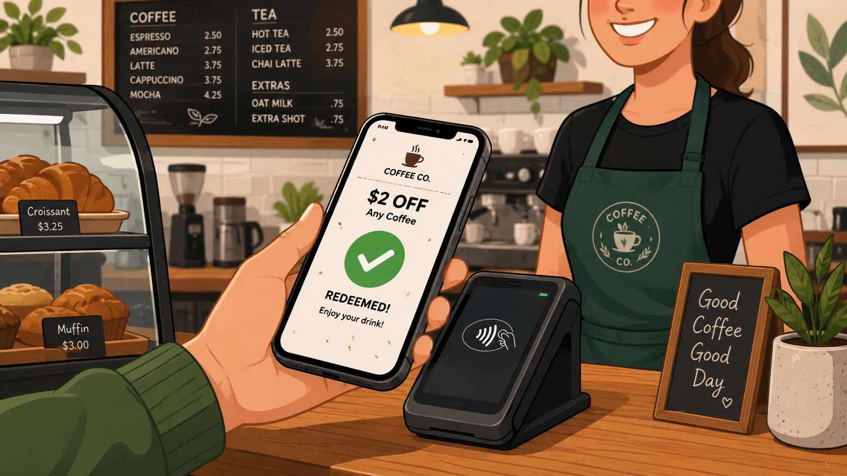 Ilustración de un cliente redimiendo un cupón inteligente con su teléfono móvil al pagar en un comercio.