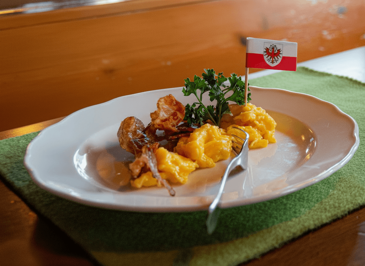 Ein Bild von frisch serviertem Rührei mit Speck.