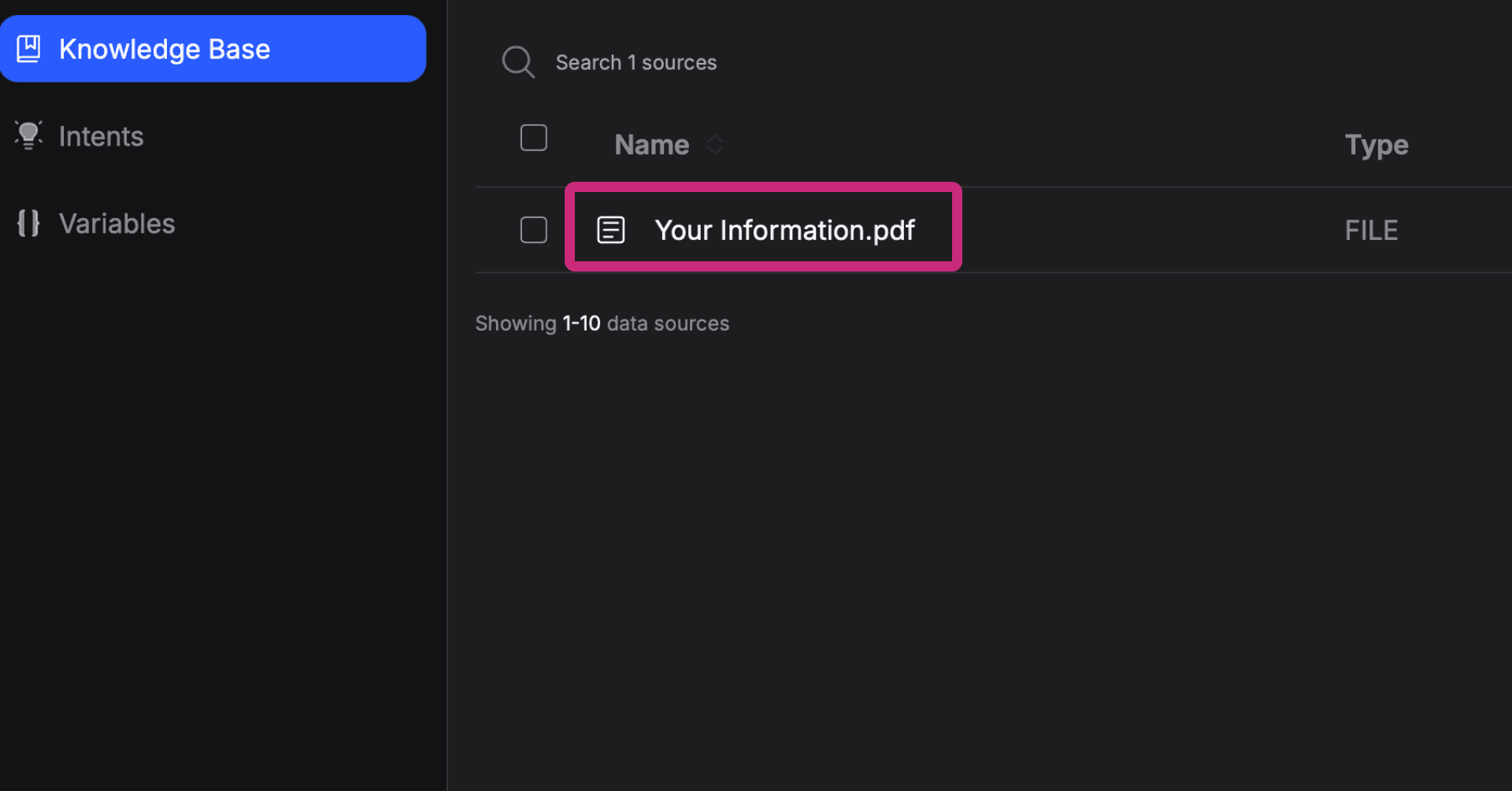 image of the knowledge base window on the botstacks platform