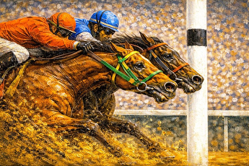 Two horses racing with jockeys on a textured background