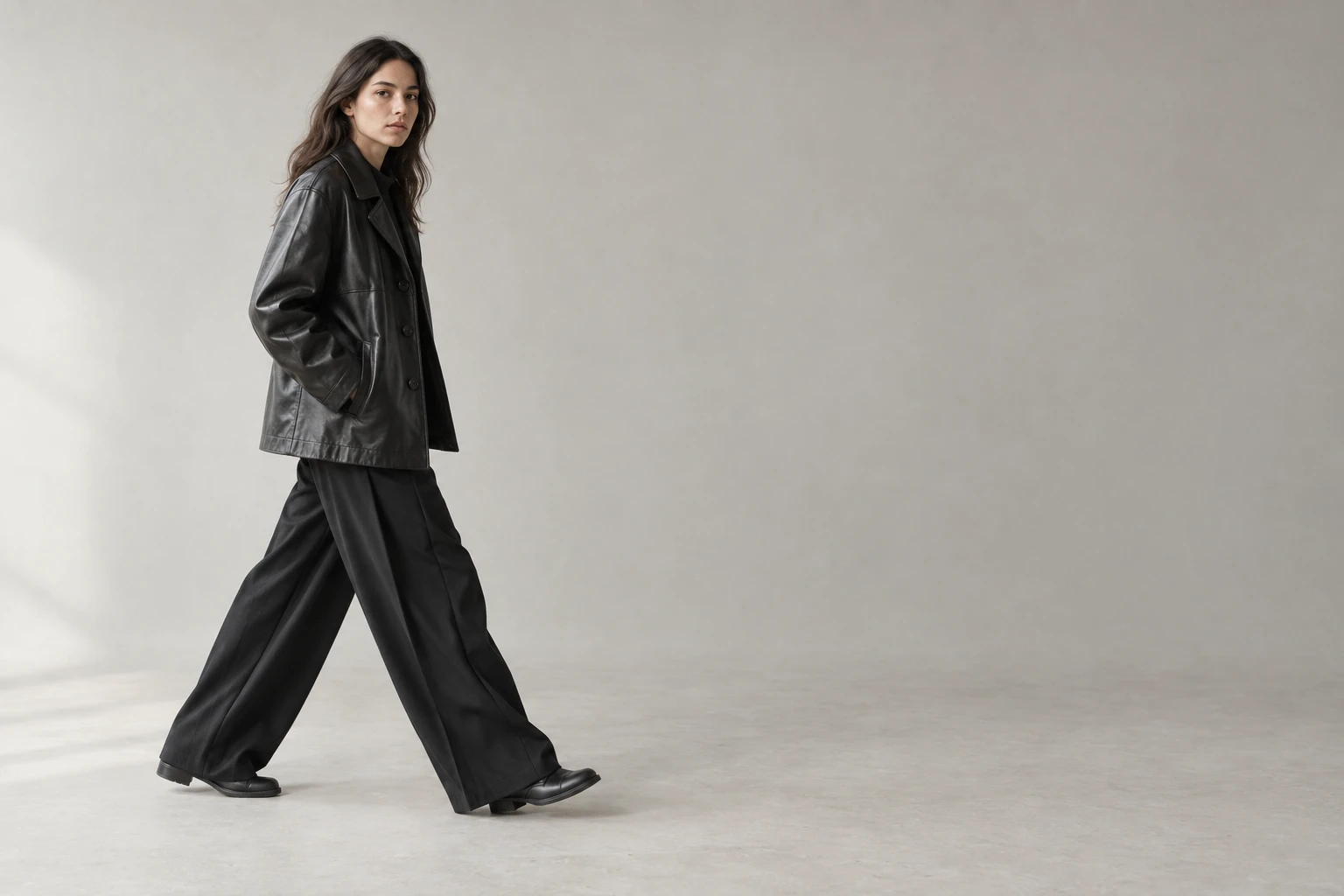 Woman walking in a black leather coat across a grey studio