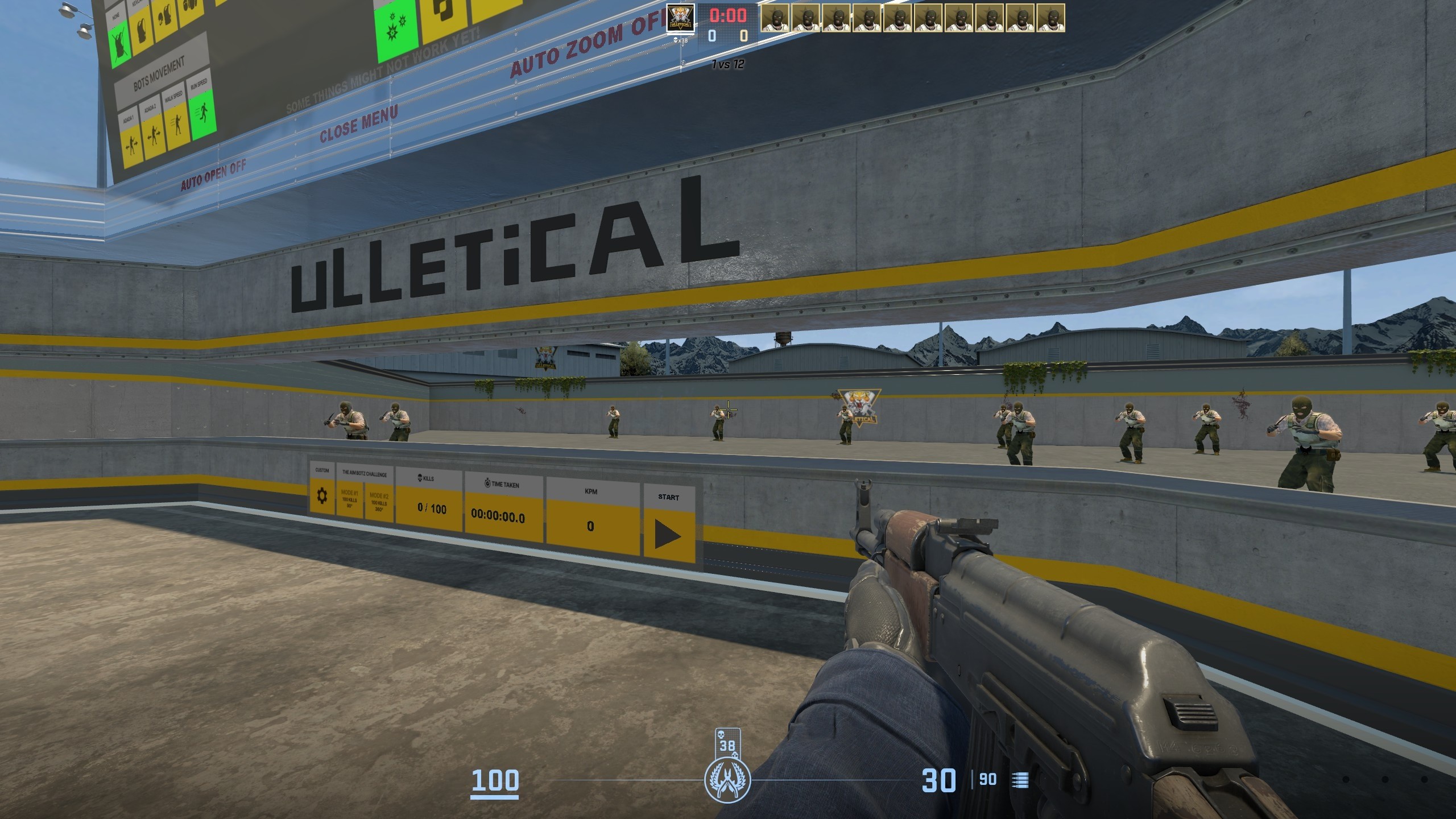 Aim Botz aim training map in CS2 with a row of bots and adjustable settings