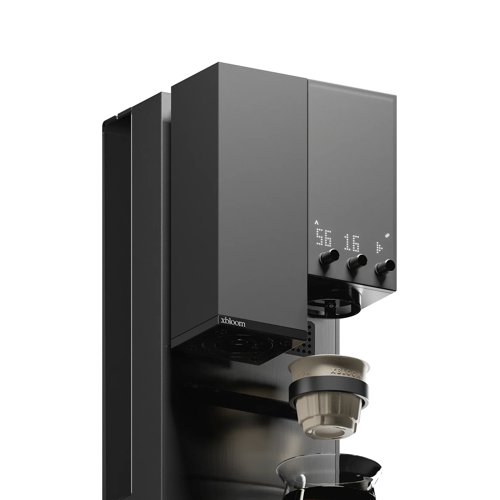 xBloom Studio pour-over machine in black, grinder chute dosing into the dripper below an LED display and control knobs