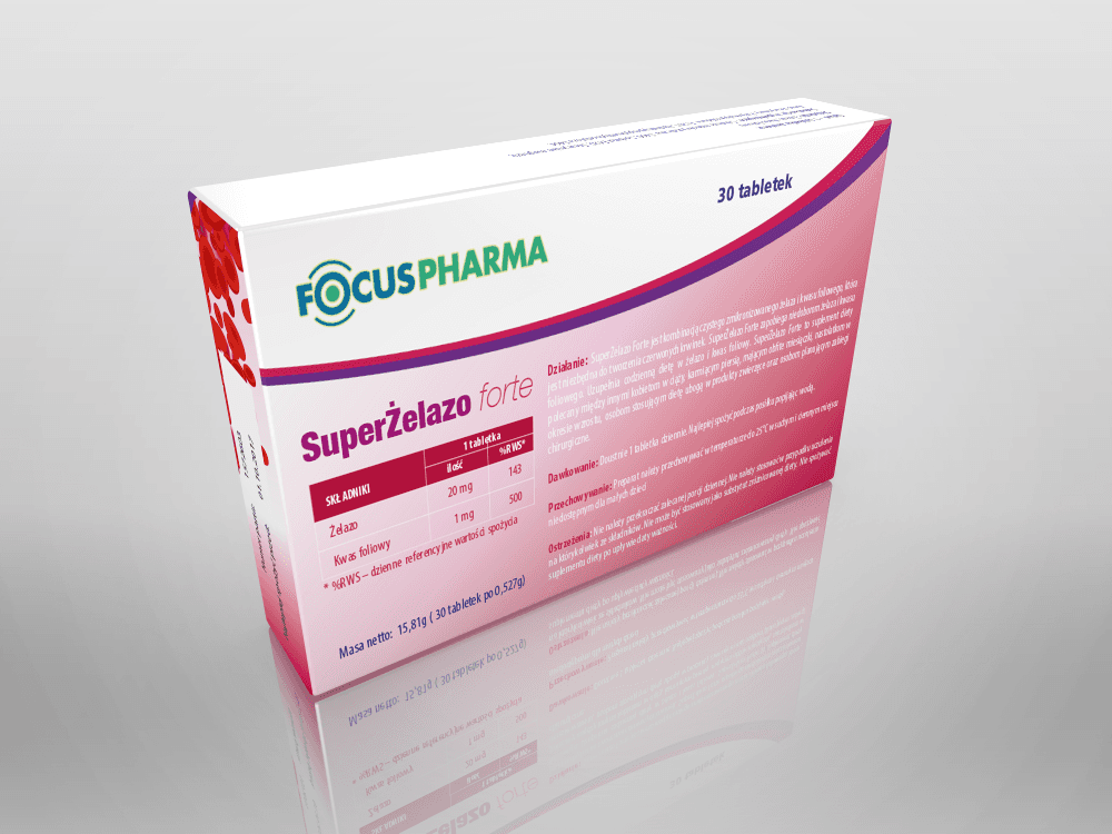 The image depicts a box of "Super Żelazo (Iron Forte)" dietary supplement by Focuspharma, featuring vibrant red blood cells and nutritional information on a sleek pink and white packaging design.