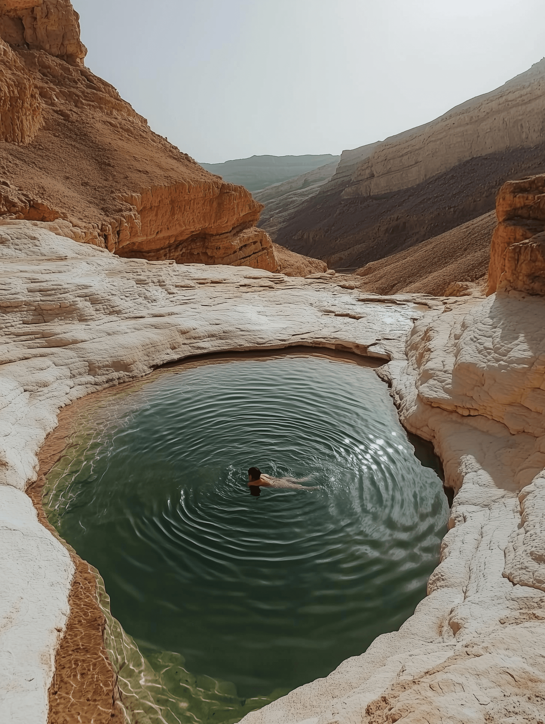 surrounded by white rocks and desert mountains in Israel. A person is swimming inside circular ripples in an olive green lake at noon. The sunlight shines on them from above. In the front view, The oasis of the wadi is filled with water, clear details, serene demeanor of Jordan's uneven mountains. The natural hot springs water has different shades of green and brown colors, reflecting ripples on its surface, natural hot springs with water ripples in the desert of Israel., with white rocks around it. In some places