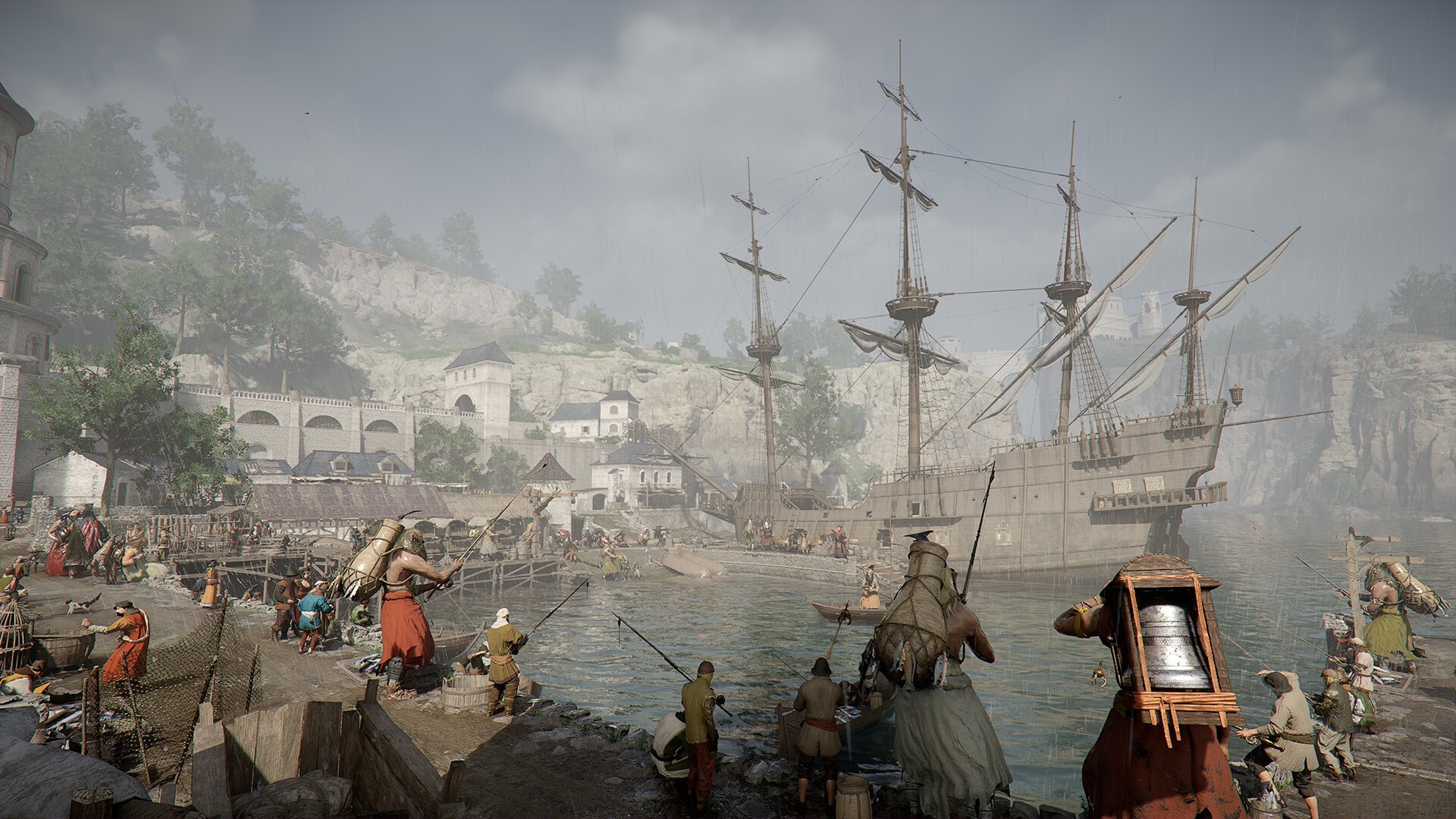 Port animé et ville médiévale dans Crimson Desert avec navires, PNJ et environnement immersif détaillé