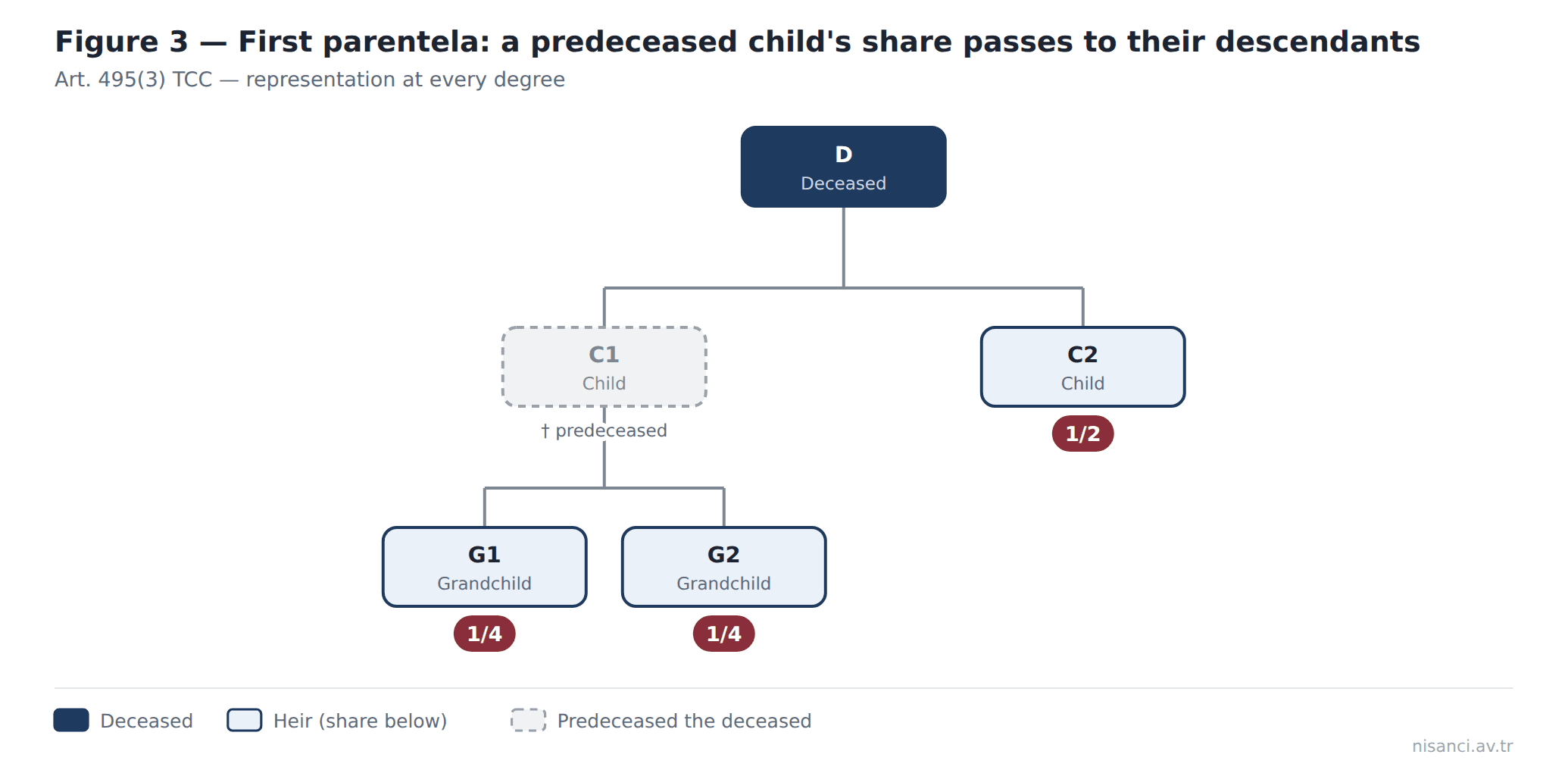 Figure 3 — First parentela: a predeceased child's share passes to their descendants