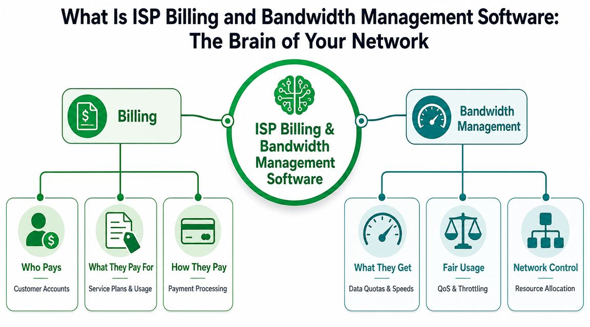 A diagram illustrating how ISP billing and bandwidth management software functions to control network operations and payments.