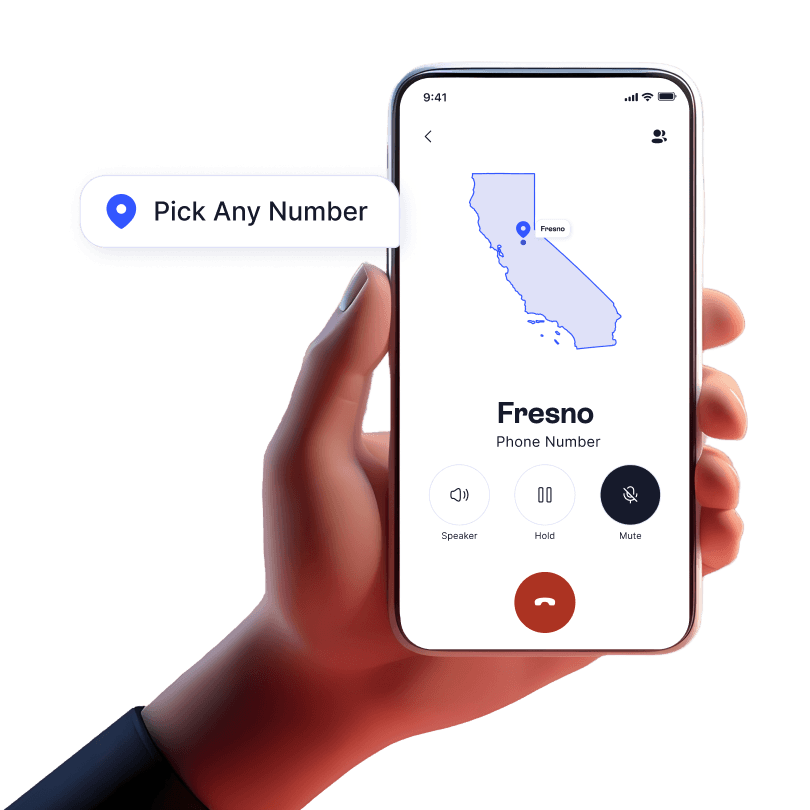 Fresno shown on a map with location pin and area code displayed, indicating a local business number on LinkedPhone.