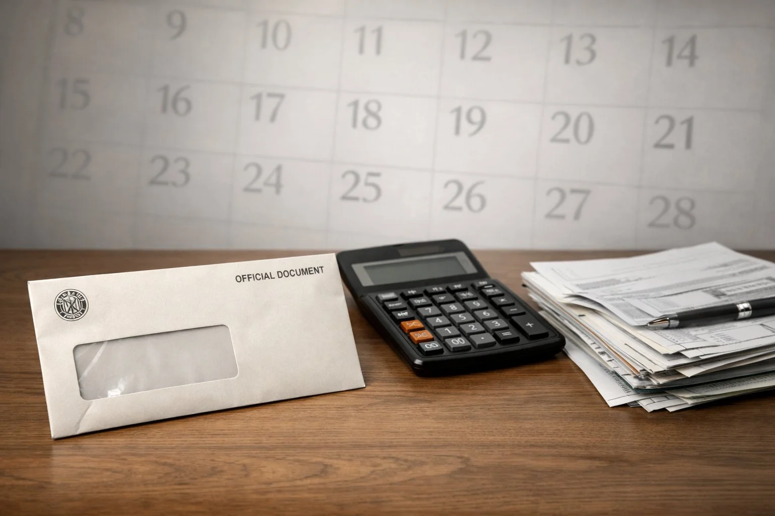 Unopened tax envelope on a desk beside a calculator and stacked bills, with faded calendar pages in the background suggesting time passing.