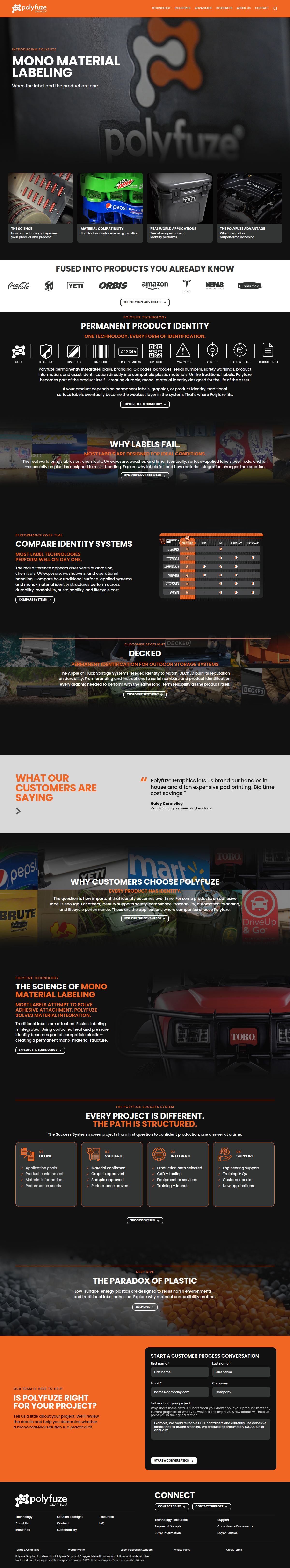 Full Polyfuze website homepage showing permanent mono material labeling technology, customer proof, applications, and project process