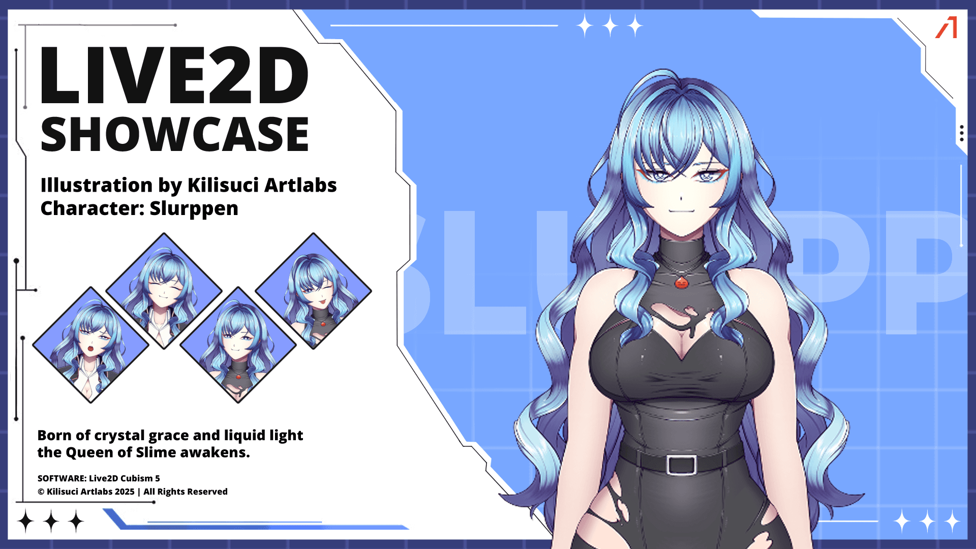 Live2D VTuber model showcase of Slurppen, a blue-haired slime queen character with expressive facial variations, created by Kilisuci Artlabs.