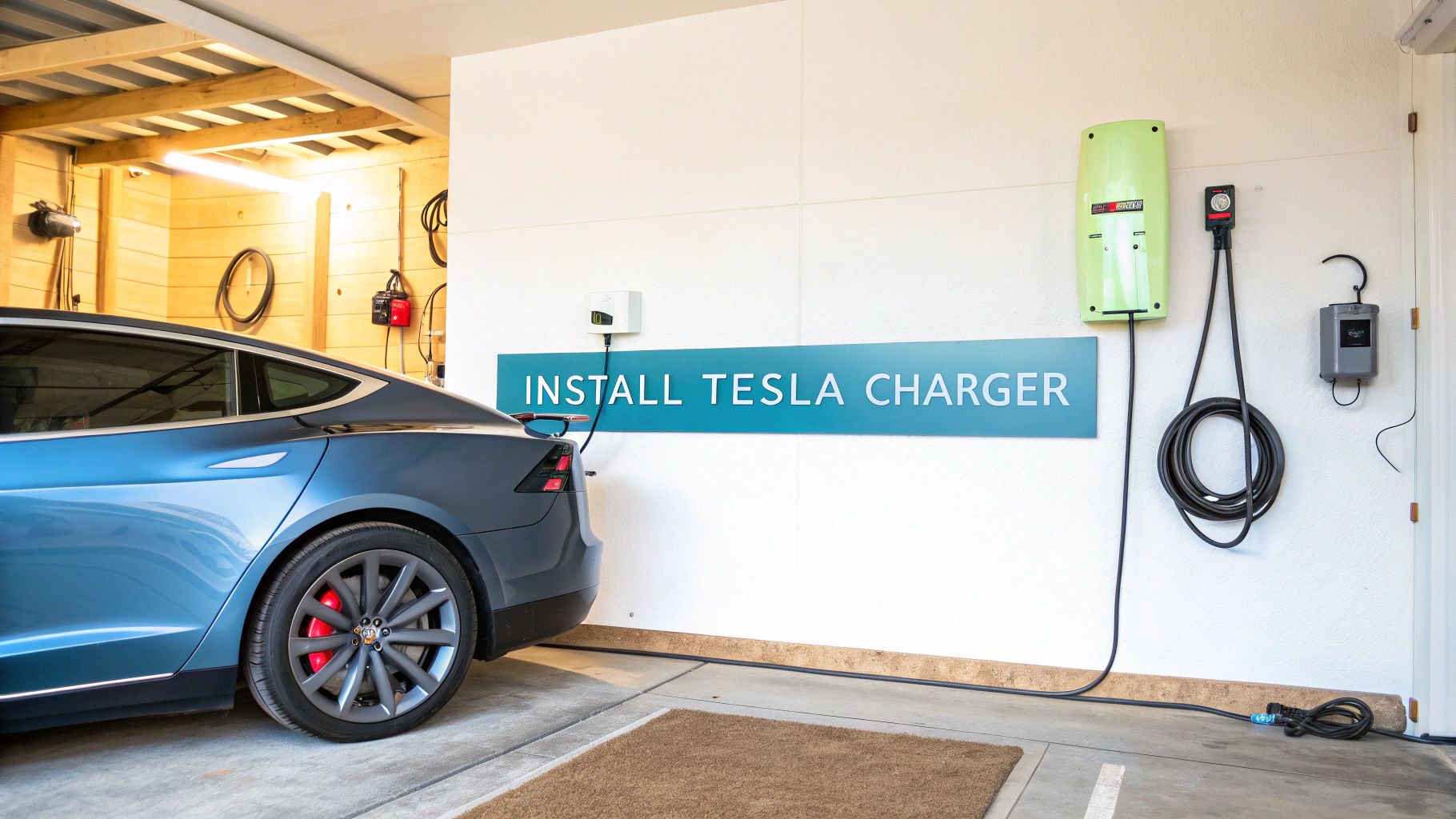 a white wall with a blue plate showing the text 'install tesla charger' with a tesla car in the background