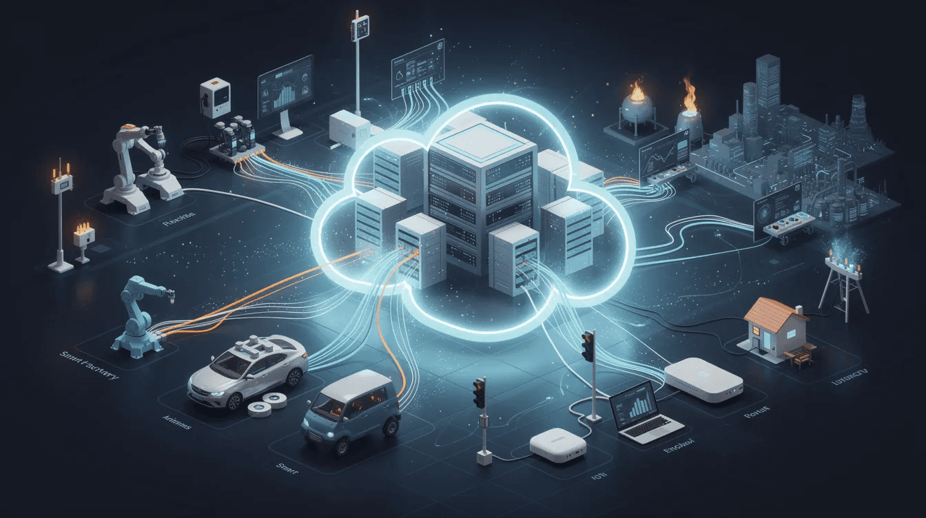 The image depicts a cloud infrastructure with multiple connected edge devices, showcasing a network of industrial devices that are being remotely monitored and managed. This setup emphasizes secure device communication and device management capabilities, illustrating the integration of IoT solutions for efficient data processing and predictive maintenance.
