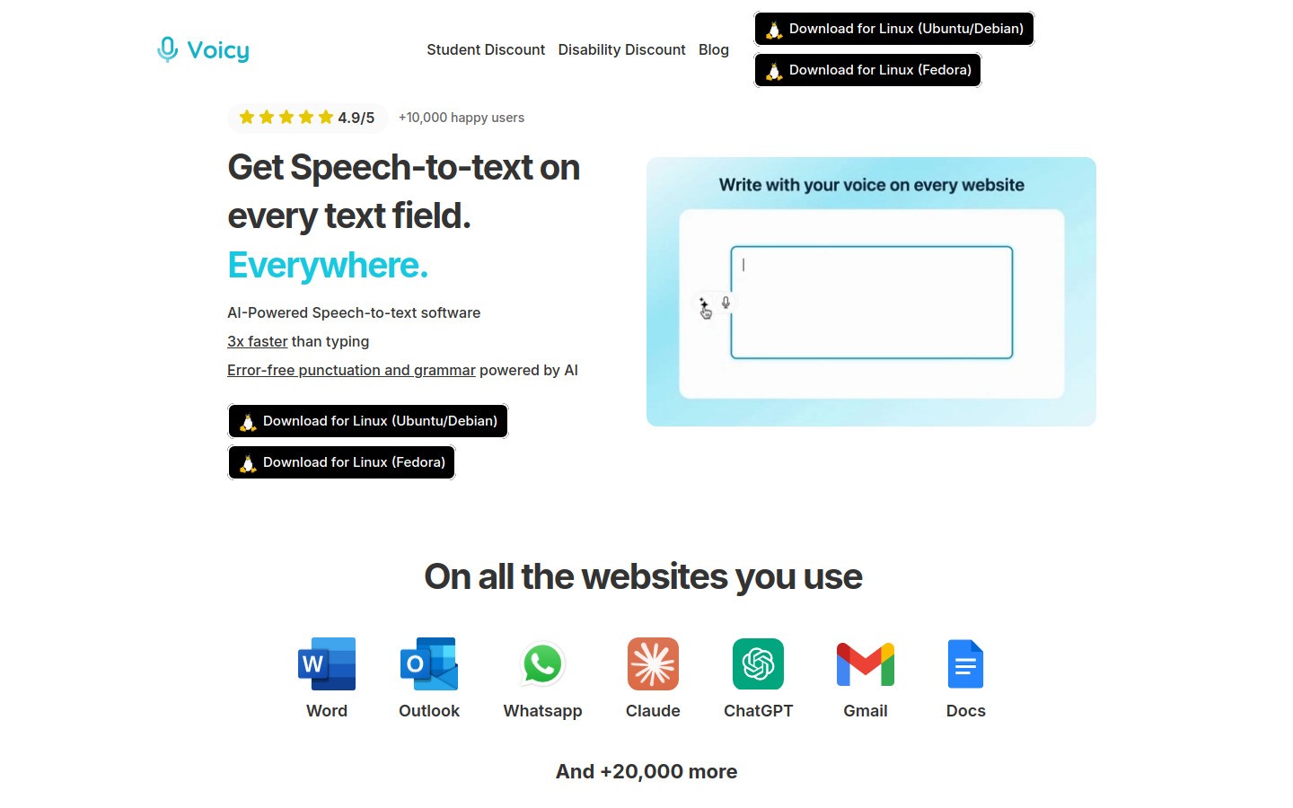 Voicy homepage screenshot for dictation app comparison