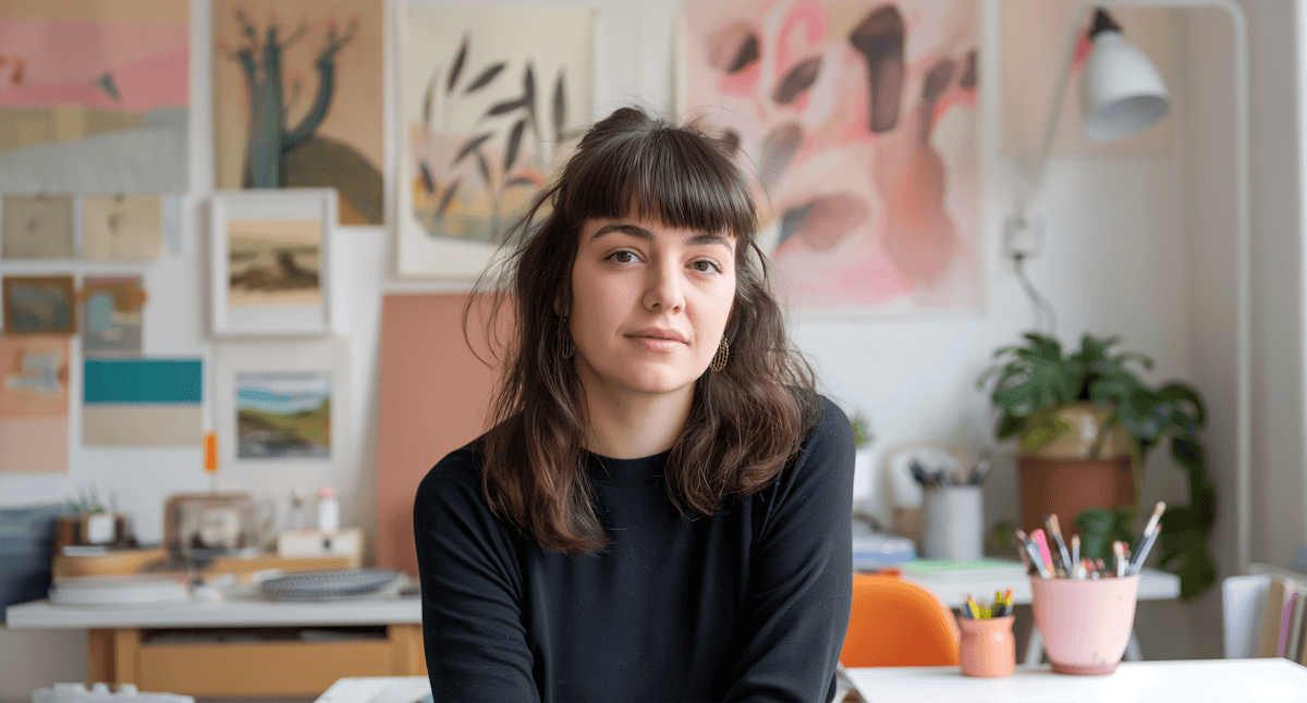 Woman with dark hair looking at the camera in a creative workspace.