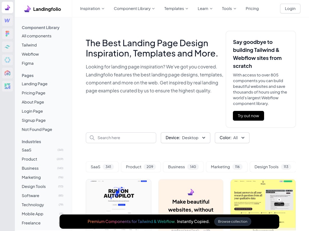 Website showing landing page design inspirations and templates.