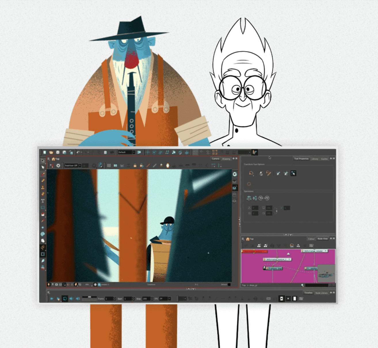 Two cartoon characters standing next to each other holding a screenshot of the Toon Boom Animation platform.