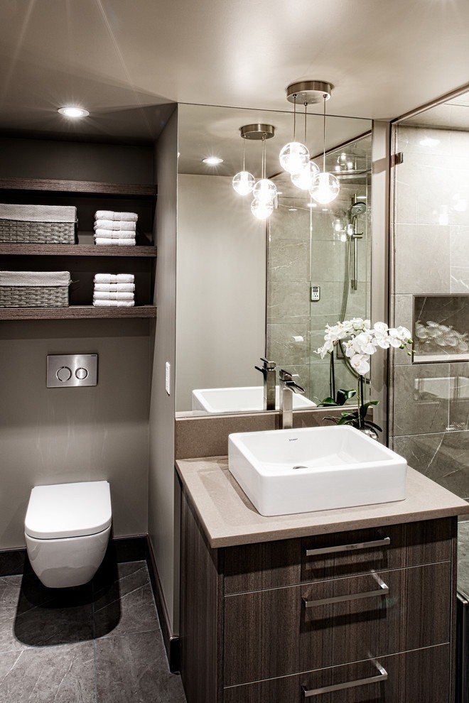 Image of Modern primary ensuite bathroom with luxury design, marble tiles, and KHD Homes construction expertise on display.