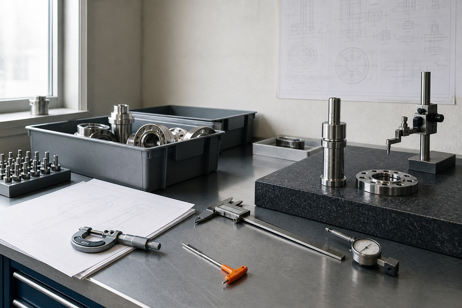 Engineering workbench with precision components and measuring tools.