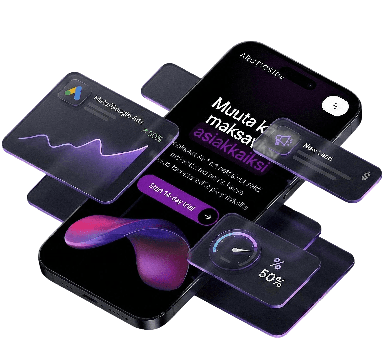 Kuvituskuva nettisivuista puhelimen näytöllä sekä niiden avulla saavutetuista tuloksista