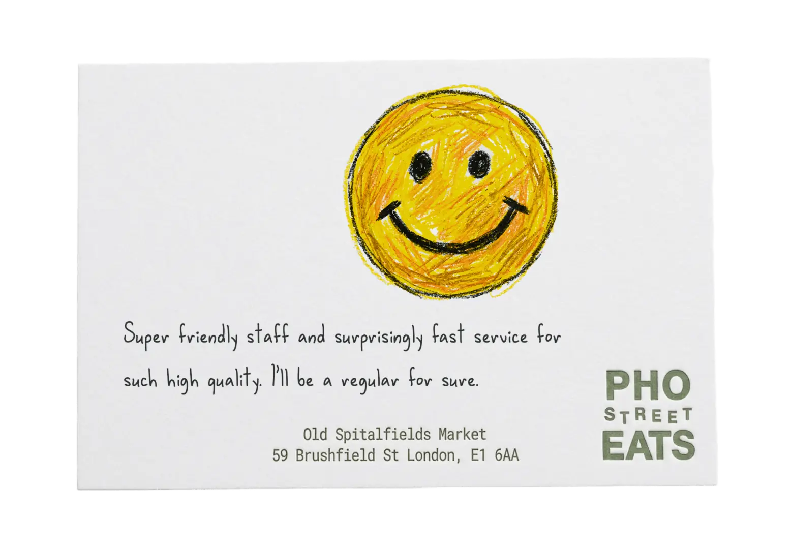 Pho Street Eats review card with a yellow smiley face, praising staff and service.