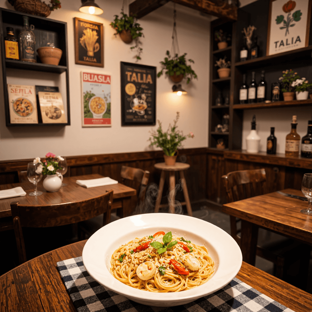 product photography of bowl of seafood spaghetti
