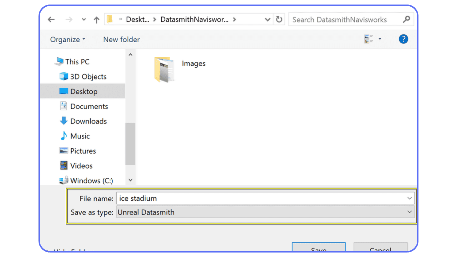 Windows save dialog for exporting a Twinmotion Datasmith file, with the file name set to “ice stadium” and the save type set to Unreal Datasmith.