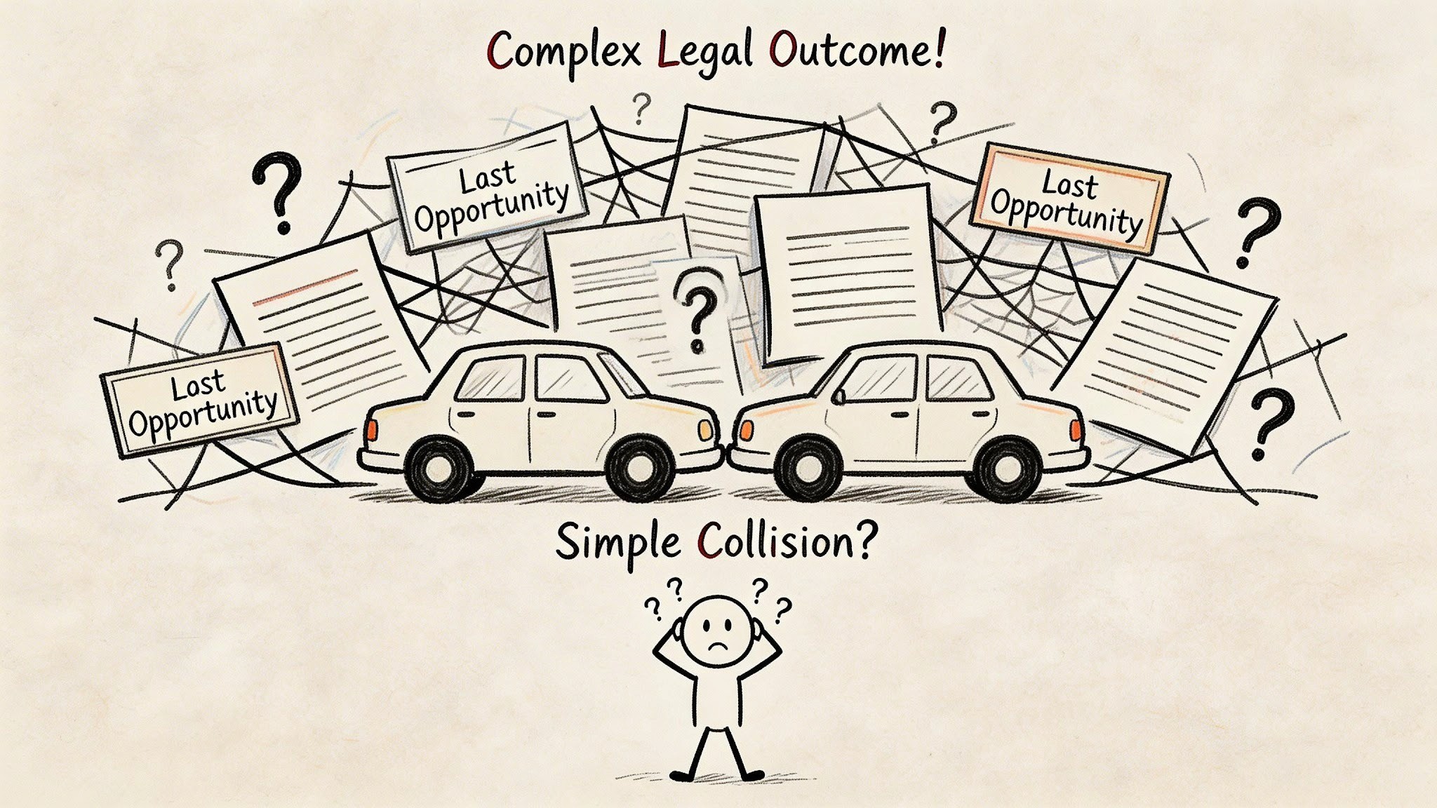 A hand-drawn illustration showing a car collision resulting in complex legal outcomes and lost opportunities for individuals.