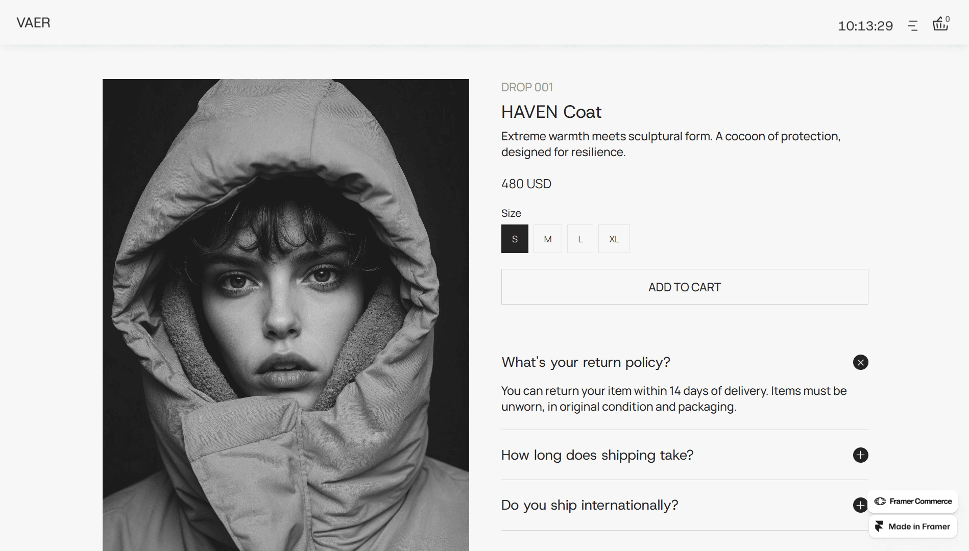 Product detail page for the "HAVEN Coat." A close-up black and white portrait shows a model wrapped in a large protective hood. The right side displays the price ($480), size selector, and an "Add to Cart" button.