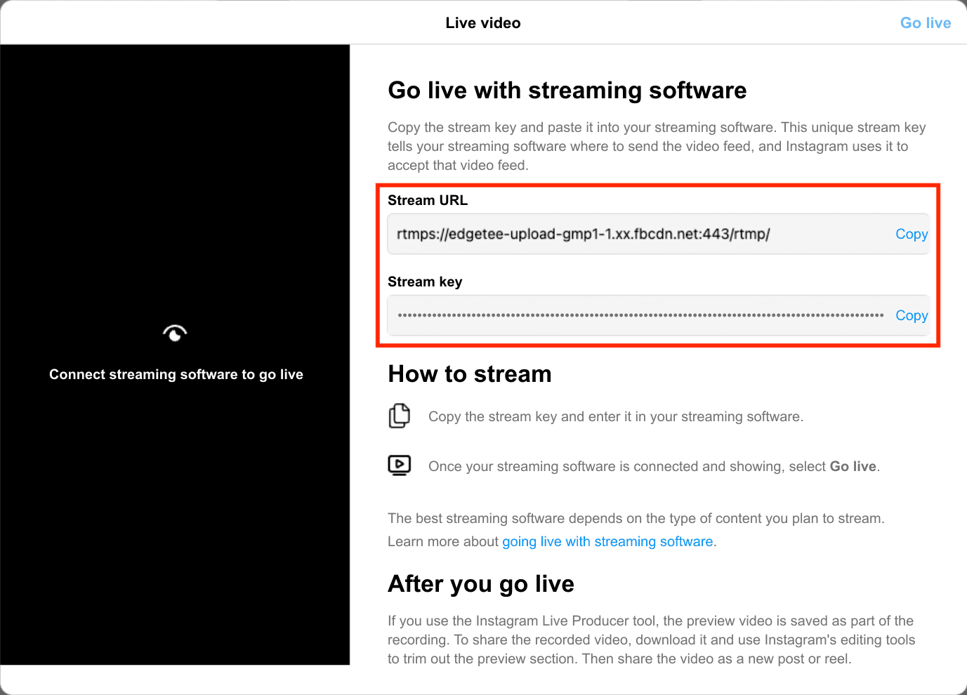 Where the stream URL and stream key appear on Instagram's live setup screen โ copy both into the Shoplive admin