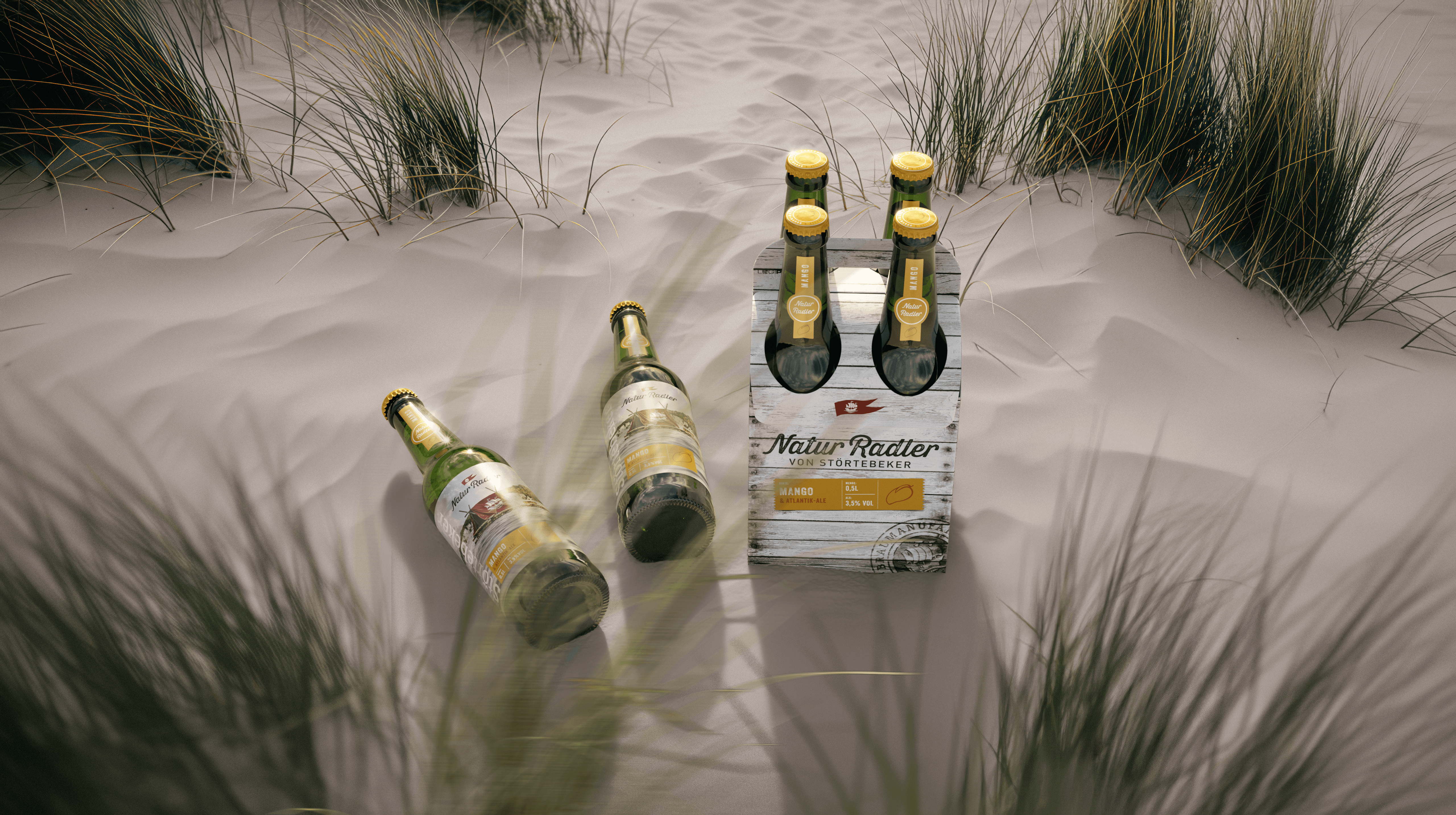 Natur Radler in a six-pack on the sand