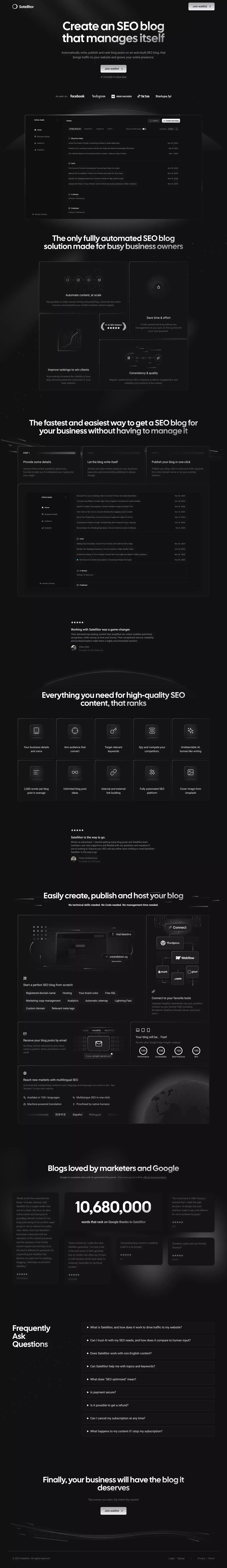 Satellitor: Launch SEO blogs on autopilo landing page screenshot showcasing Tech and Marketing design