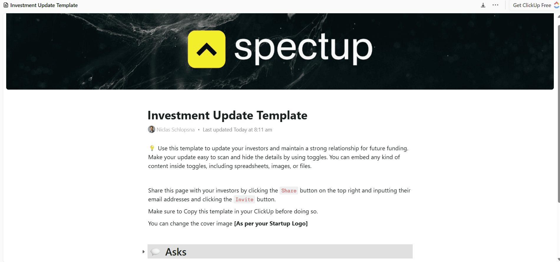 Investor Update Template by spectup
