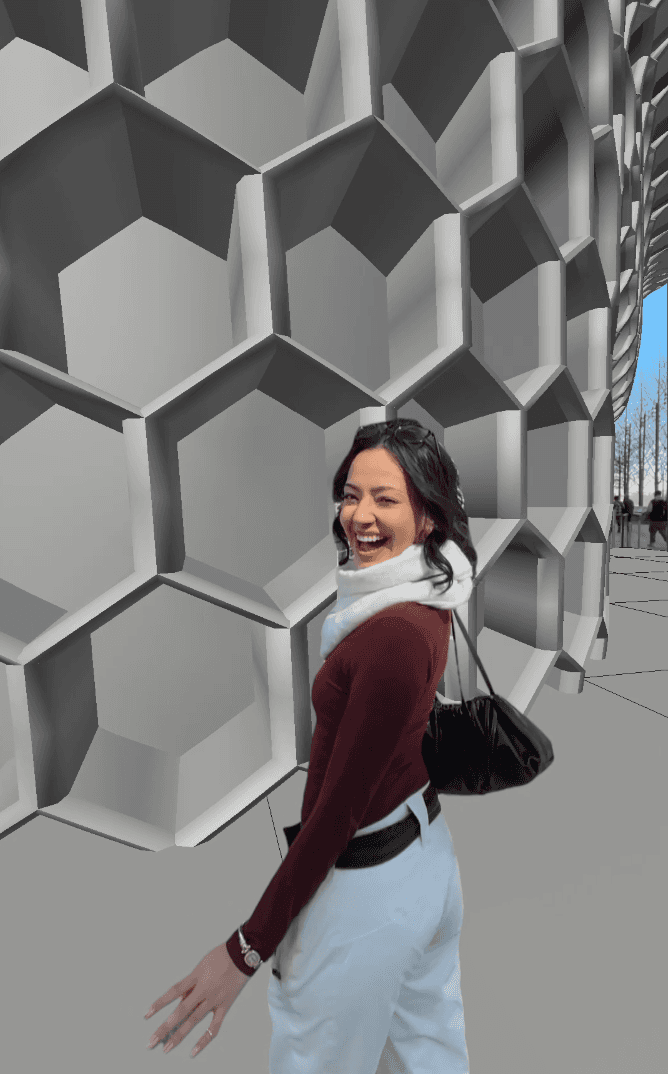 A mixed-reality mockup features the woman smiling in front of a gray, untextured 3D honeycomb wall.