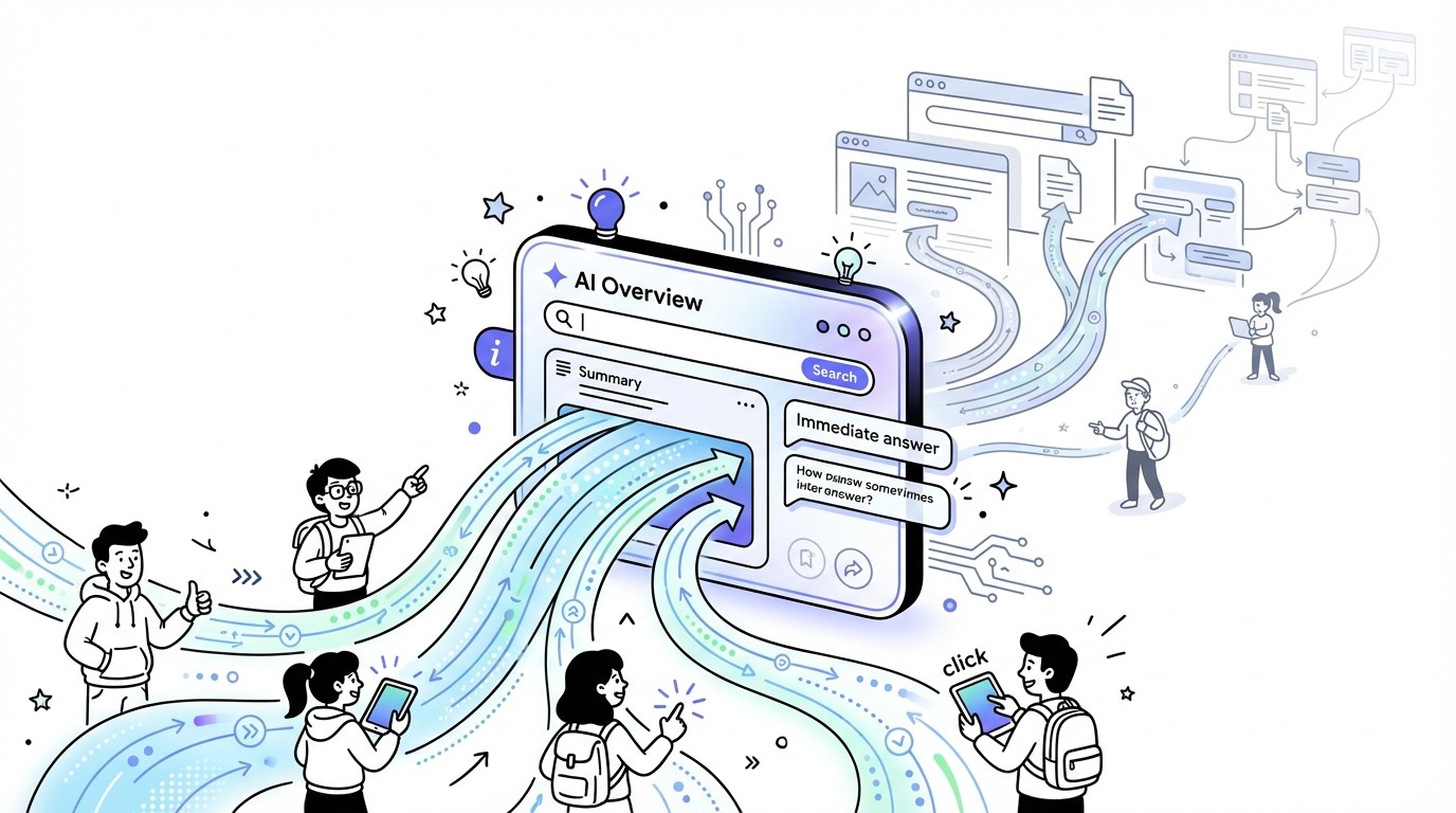 An illustration showing a large, glowing AI Overview panel in the foreground absorbing most digital click streams, while traditional search result pathways in the background appear dimmed and receive fewer clicks, symbolizing AI Overviews intercepting user interaction and reducing visibility.