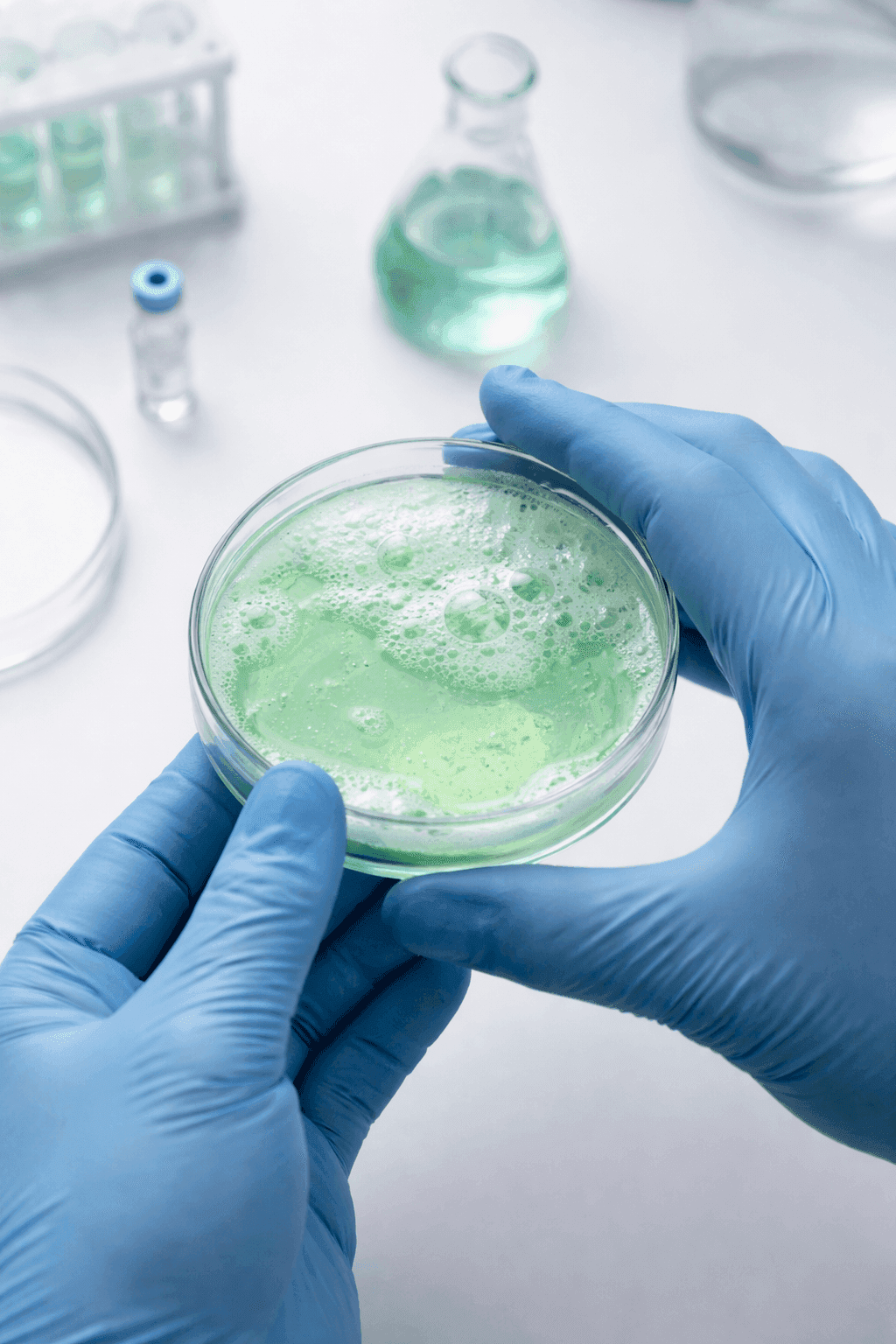 Light green shampoo formulation with foam in laboratory dishes, developed for hotel amenities and institutional use by Transmacro Amenities