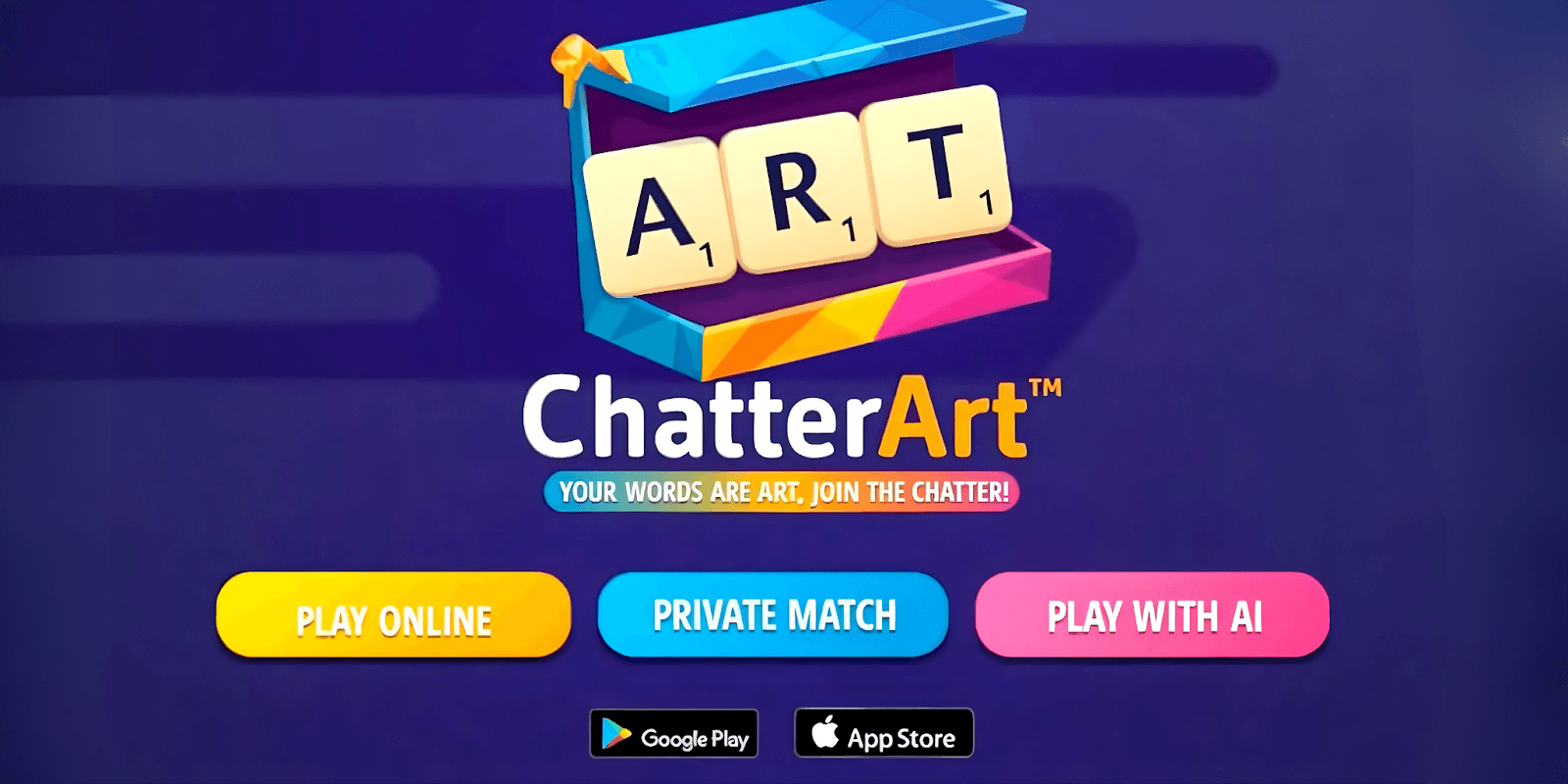 ChatterArt logo with 'ART' letters and colorful design, offering wordplay and artistic gameplay.