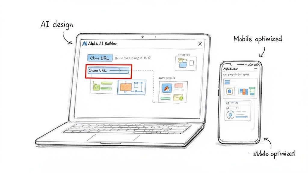 Sketch showing Alpha AI Builder software on a laptop and its mobile-optimized version on a smartphone.