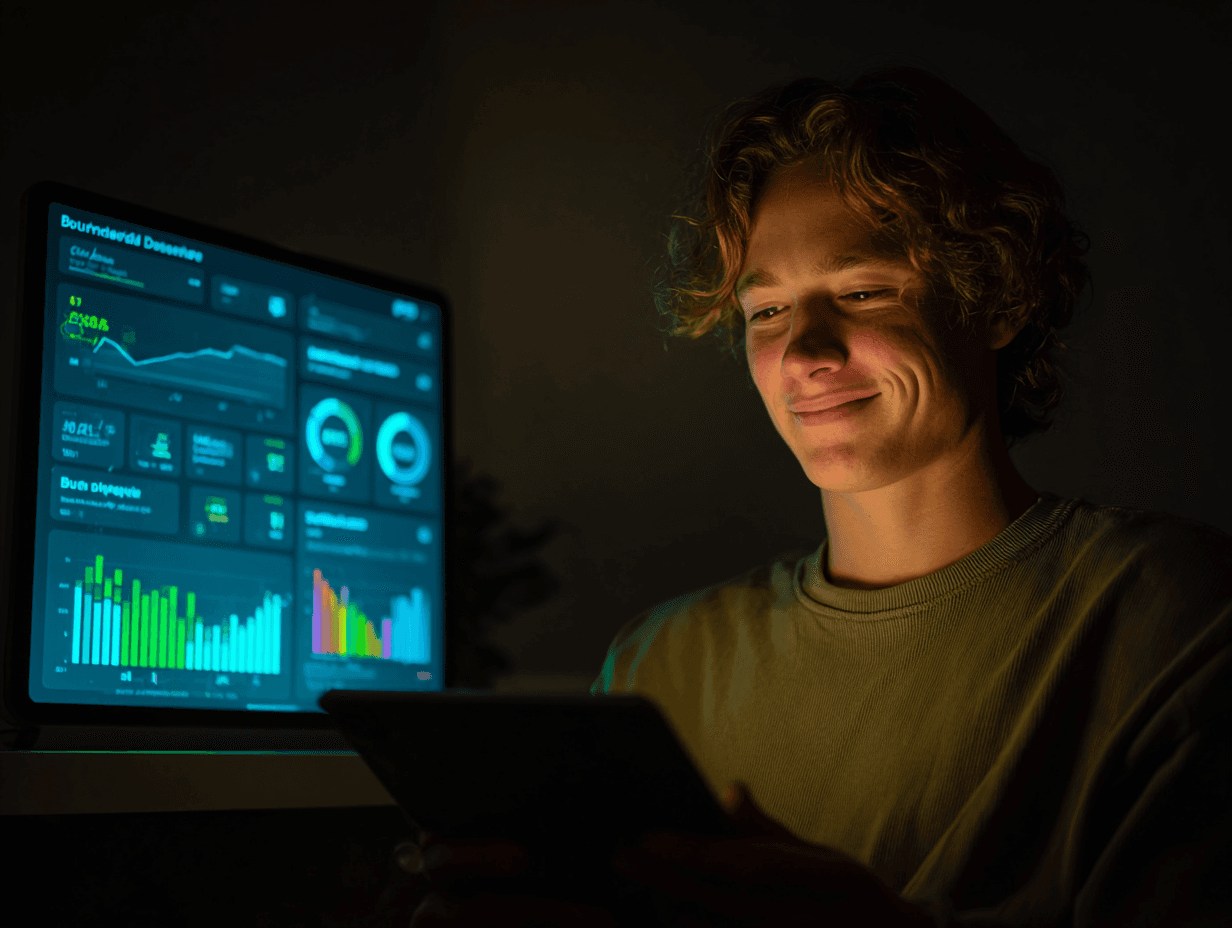 man looking at his tablet happily and behind showing good statistics