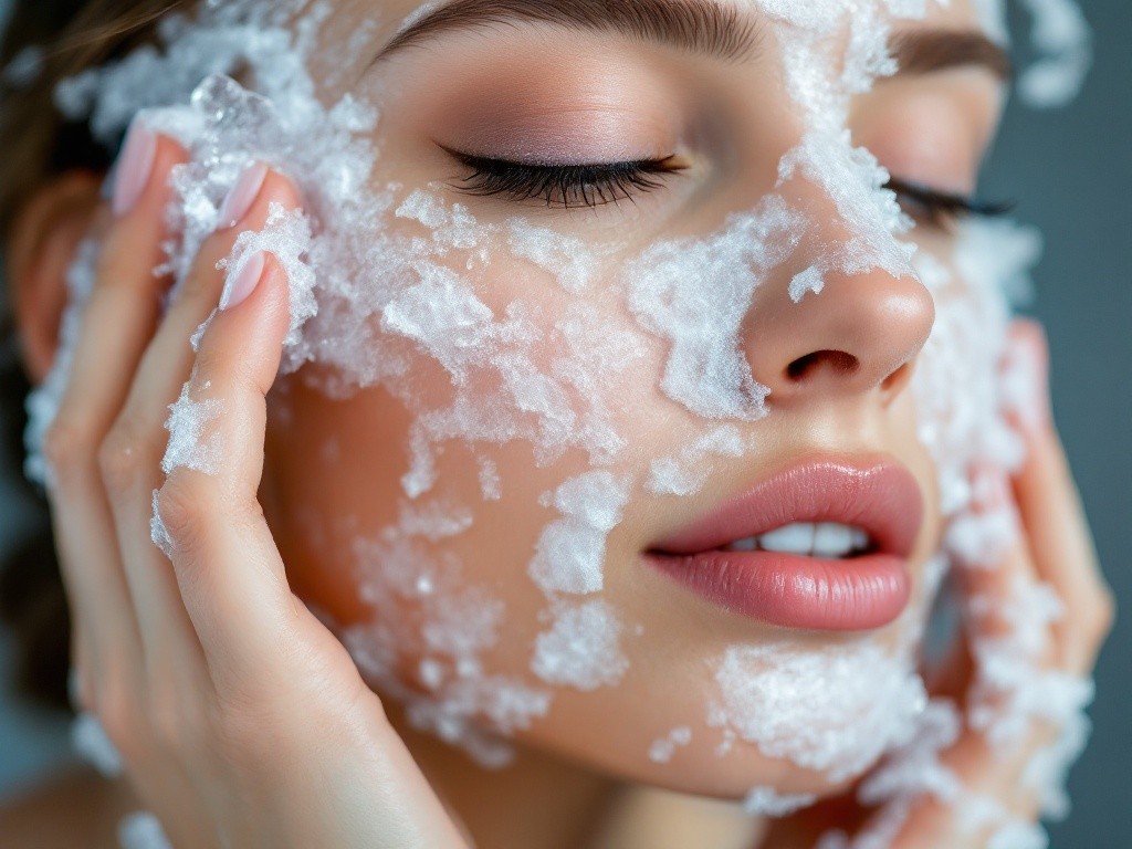 Close-up of a woman's face with a white, icy substance applied to her skin.