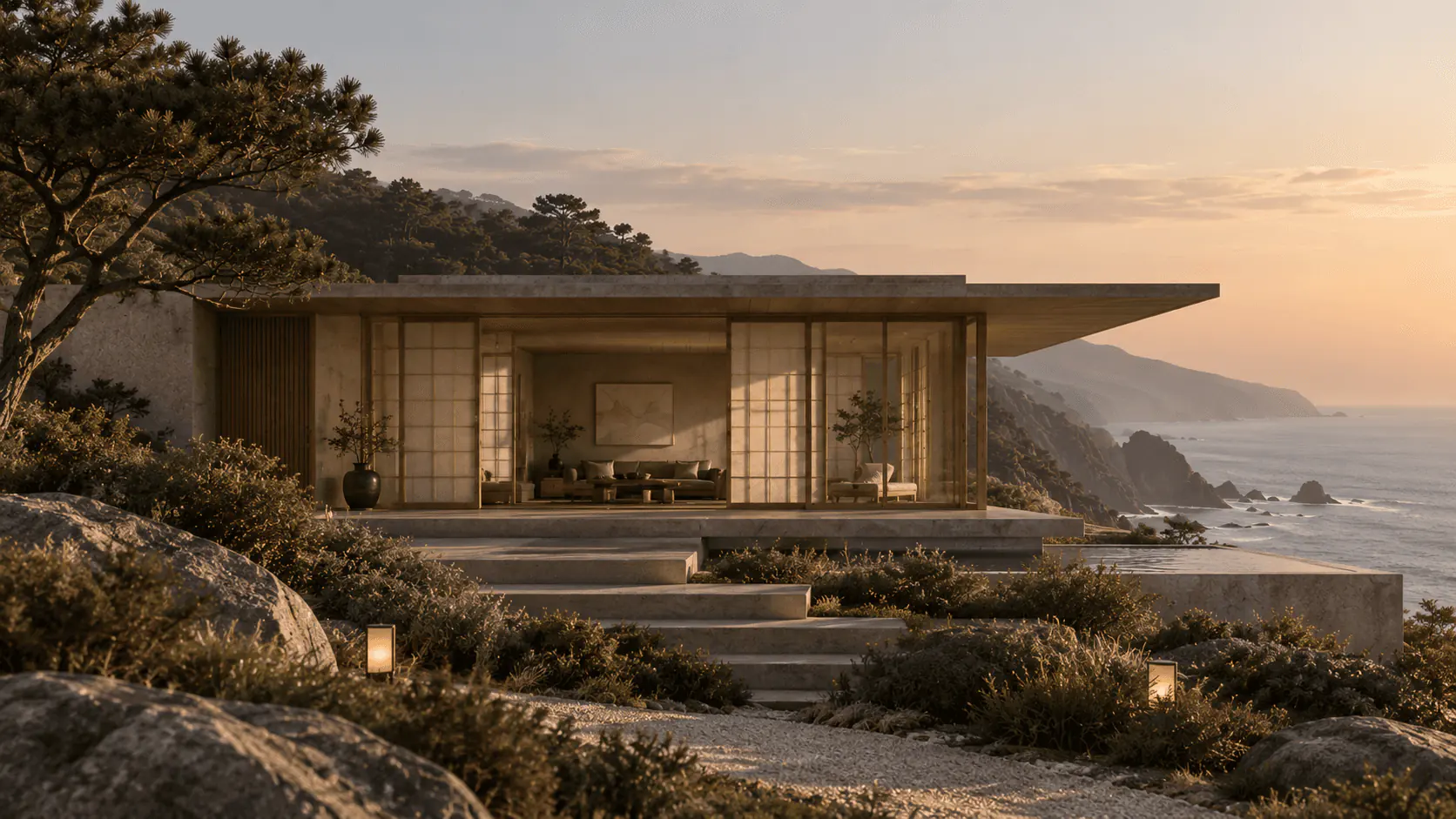 Cliffside Retreat, after: the rebuilt retreat with a long cantilevered roof