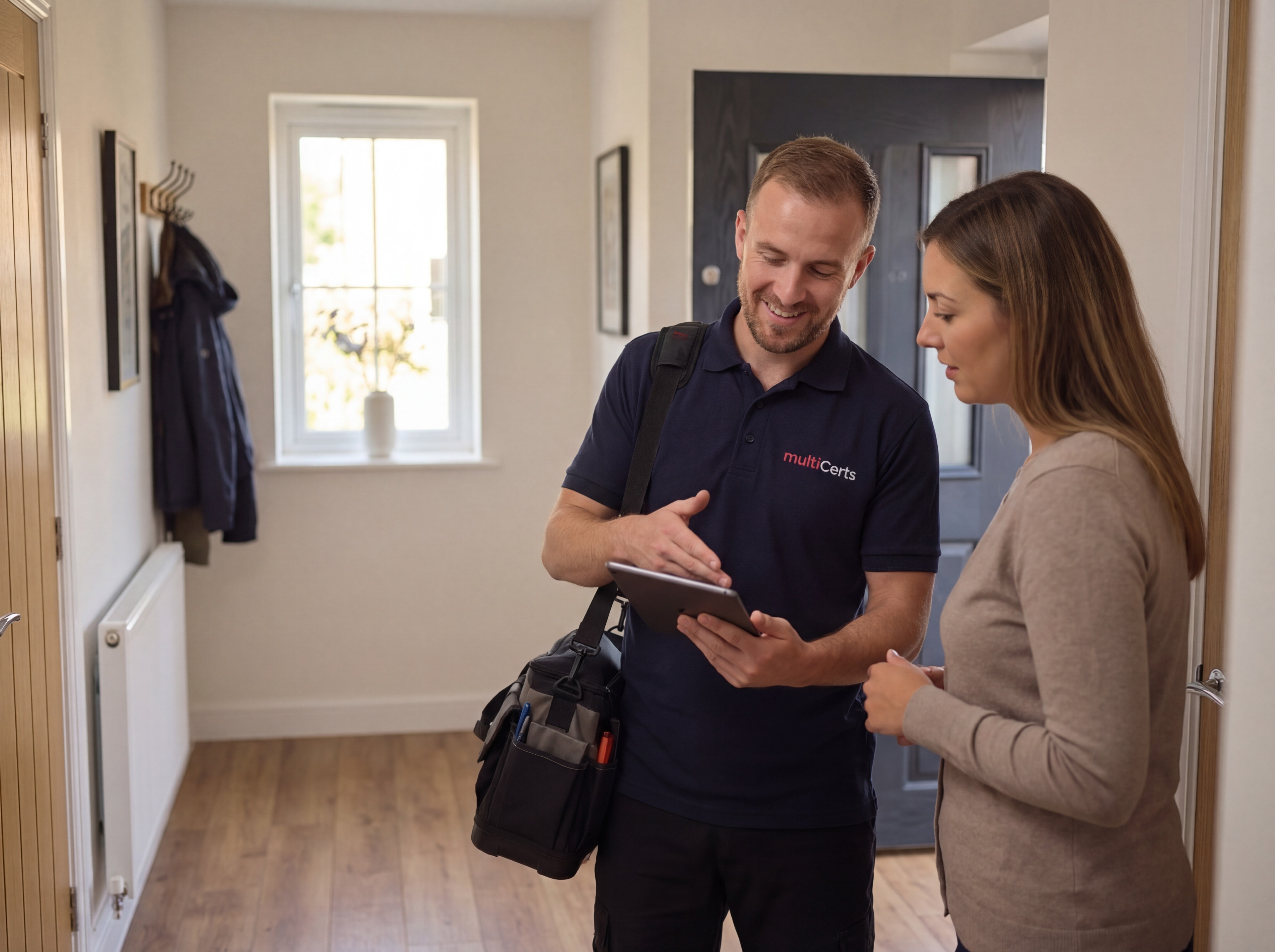 MultiCerts assessor discussing fire safety findings with a customer